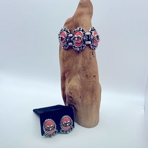 Vintage Rococo Style Pink Stone Cabochon Bracelet and Clipon Earring Set